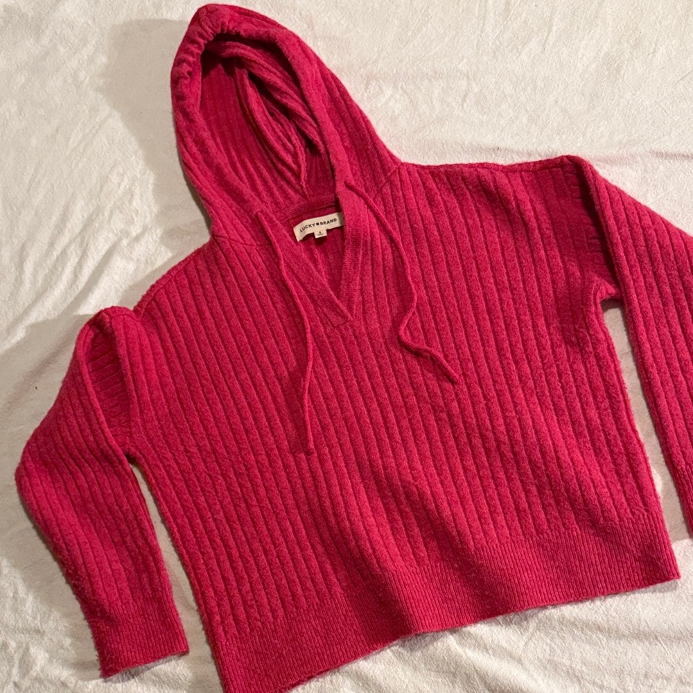 Lucky Brand Fuchsia Ribbed Hooded V-Neck Sweater Sz S